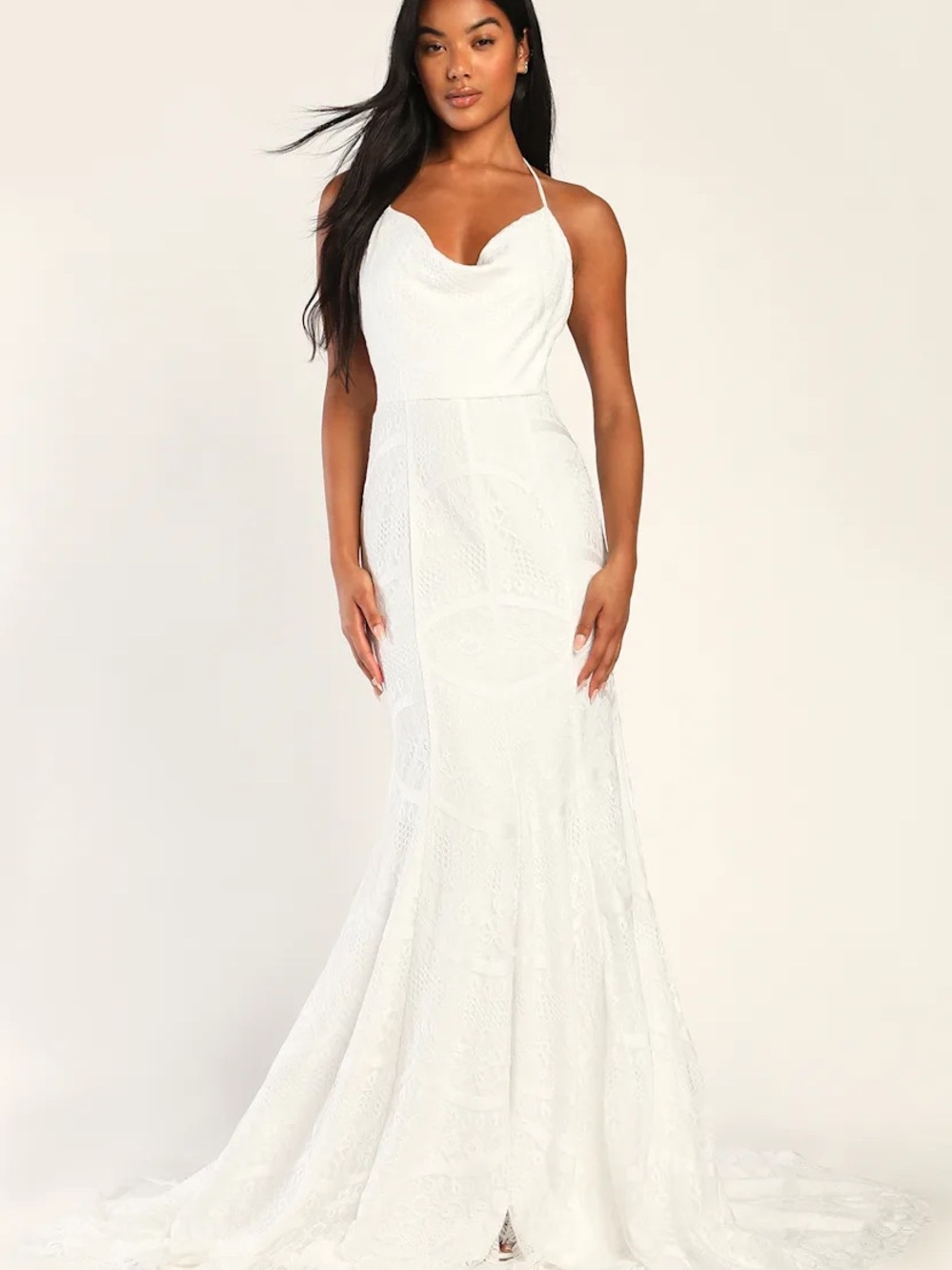 Lulu's Most Romantic White Lace Cowl Neck Backless Maxi Dress